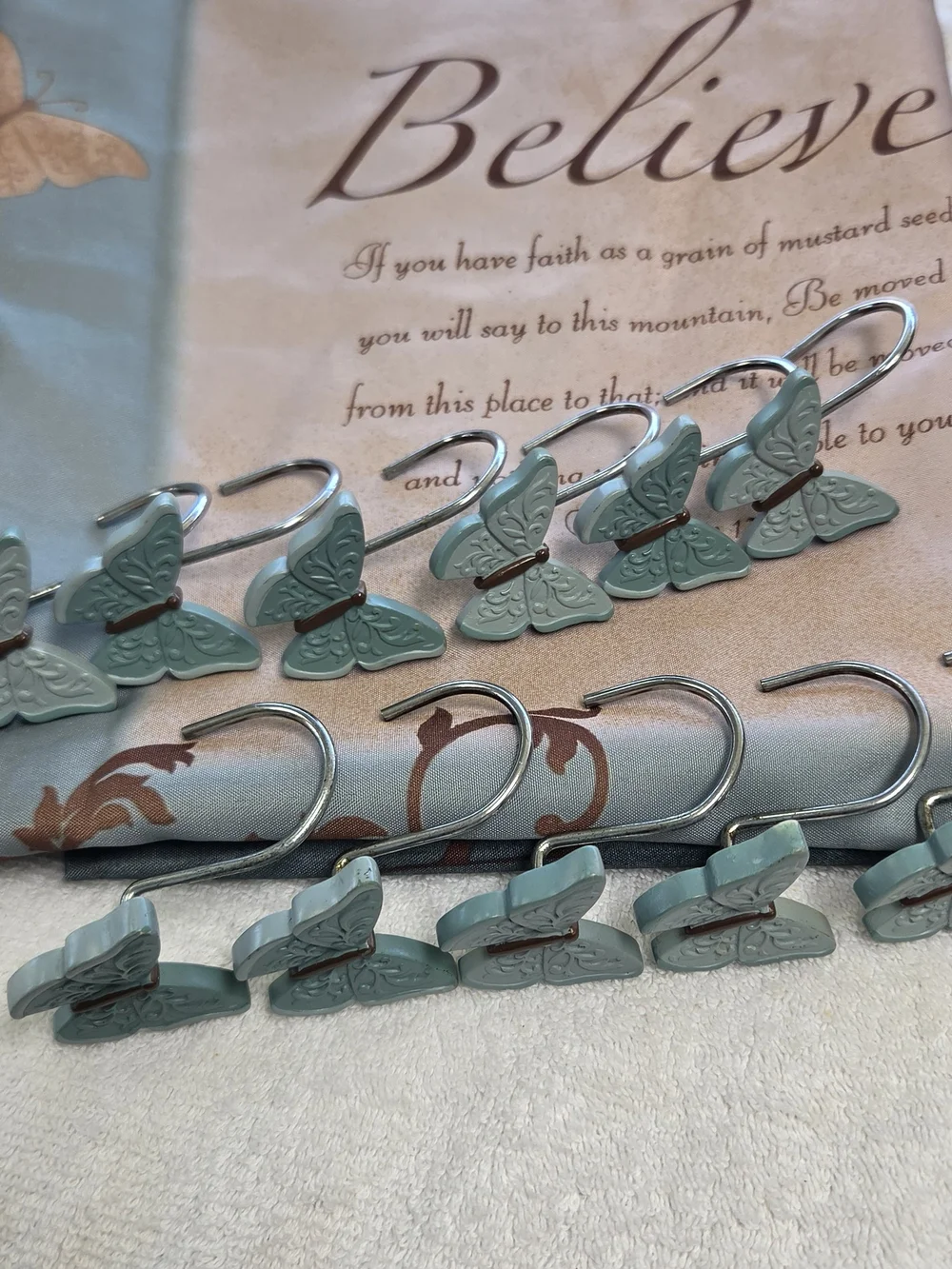 Faith Based  with Butterfly Shower Curtain Hooks - Teal  70x70